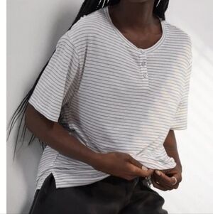 Lunya Striped Short Sleeve Cool Top Henley Oversized Extra Small